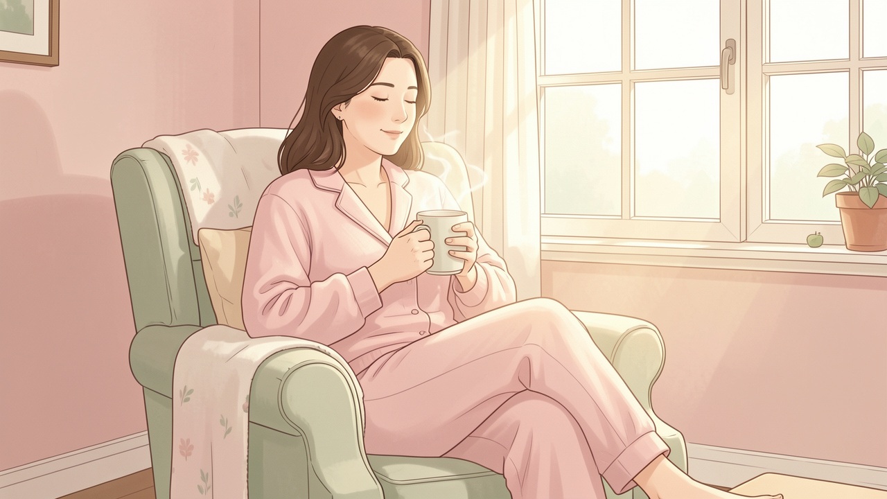 Illustration douce d’une femme adulte vêtue et assise confortablement chez elle dans une ambiance sereine évoquant la santé intime et le bien-être.