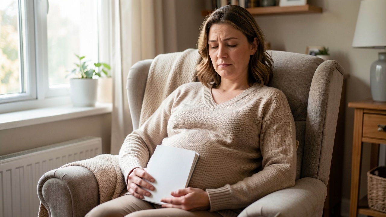 Femme enceinte assise dans un fauteuil à son domicile, tenant un carnet fermé sur les genoux, avec une expression fatiguée mais apaisée dans une lumière douce.