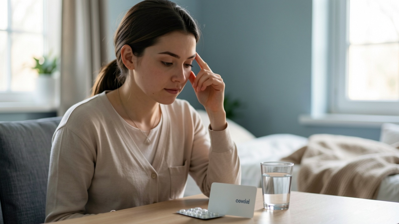 Une jeune femme se tient la tempe près d’une plaquette de médicaments sans marque et d’un verre d’eau, avant un rendez-vous médical.