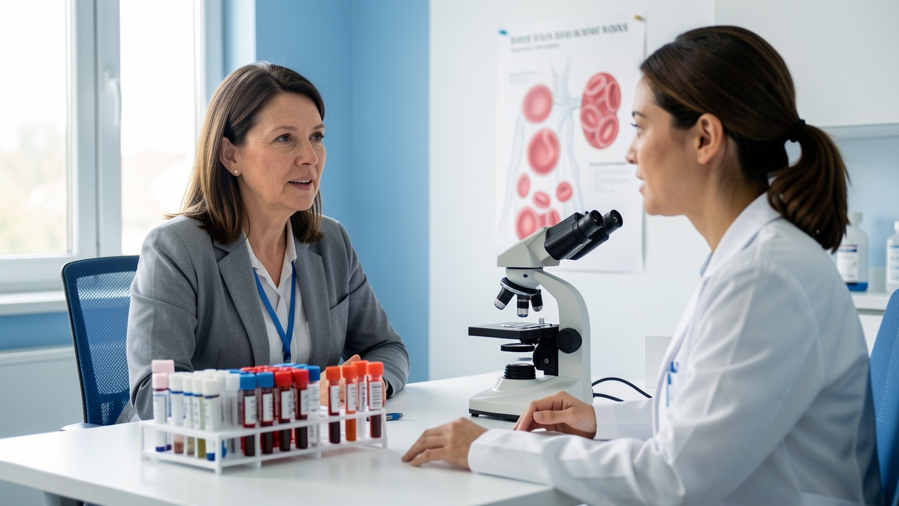 Une femme adulte échange avec une professionnelle de santé dans un cabinet médical, près de tubes de prélèvement sanguin et d’un microscope.