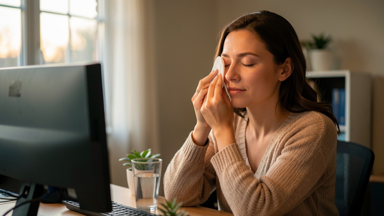 Femme reposant ses yeux fermés avec une compresse fraîche après une journée devant un écran.