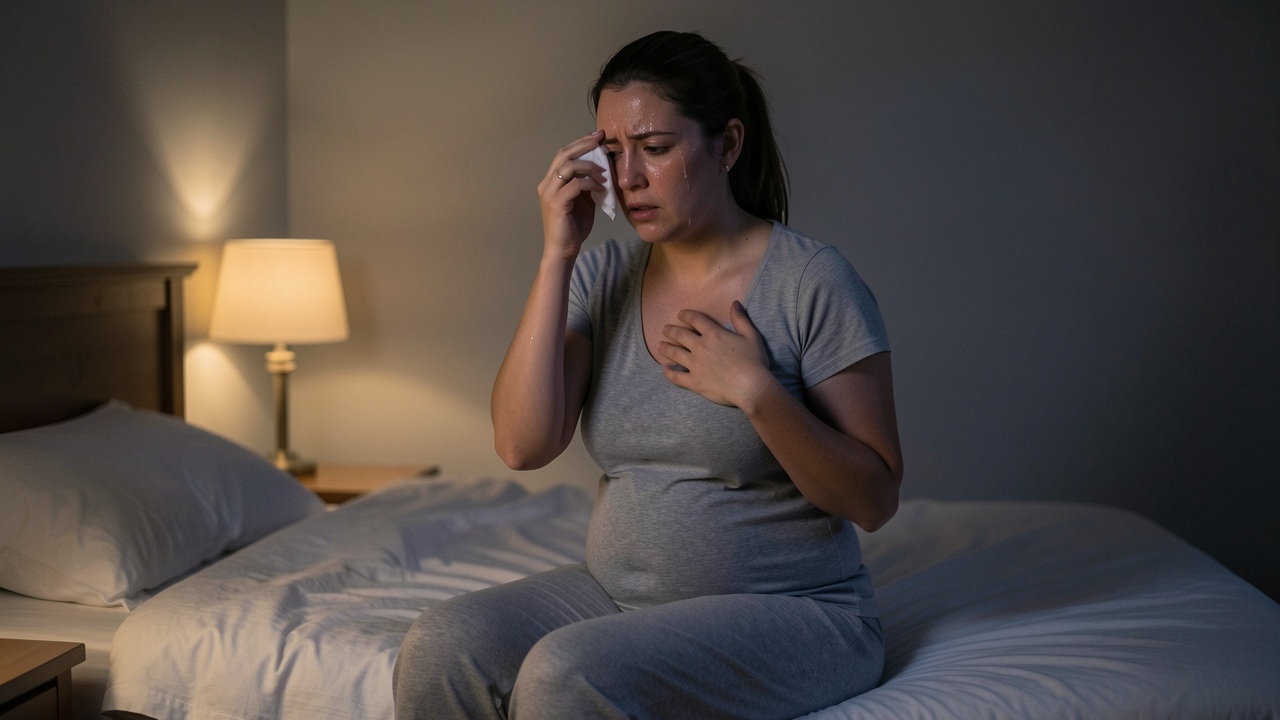 Femme récemment accouchée assise sur le bord de son lit la nuit, touchant sa poitrine et essuyant la transpiration de son front.