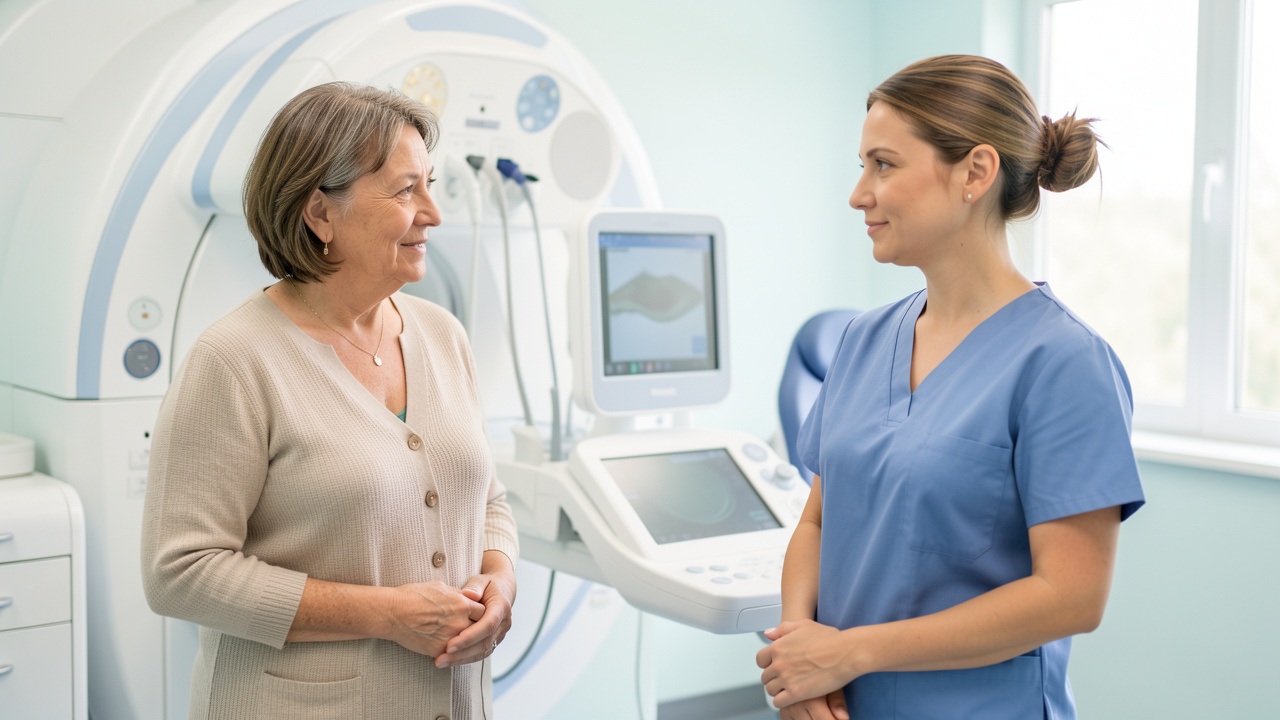 Une femme adulte échange avec une manipulatrice en radiologie dans un centre lumineux avant une mammographie.
