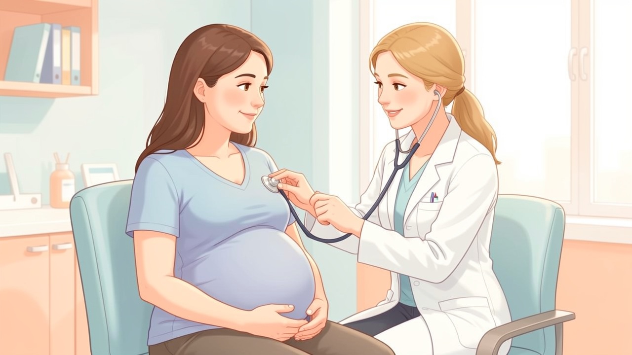 Illustration médicale douce d’une femme enceinte en consultation cardiologique, tandis qu’une médecin écoute son cœur avec un stéthoscope dans une ambiance lumineuse et rassurante.