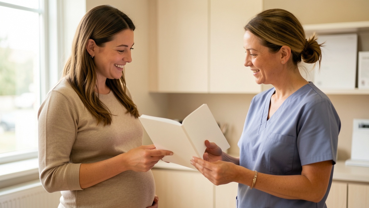 Femme enceinte souriante échangeant avec une sage-femme dans un cabinet médical lumineux, avec un carnet de vaccination ouvert sans inscription visible.