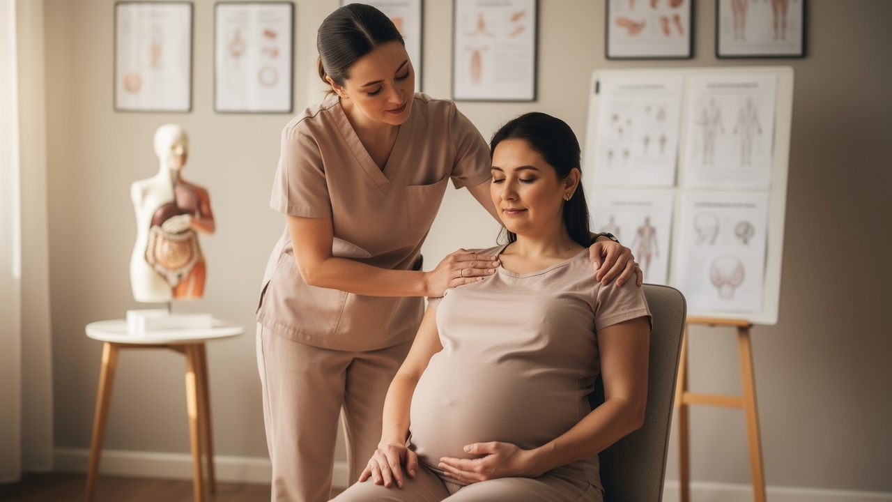 Détail d’une formation au massage prénatal : une formatrice montre des gestes doux sur les épaules d’une femme enceinte, avec un support pédagogique anatomique sans texte visible.