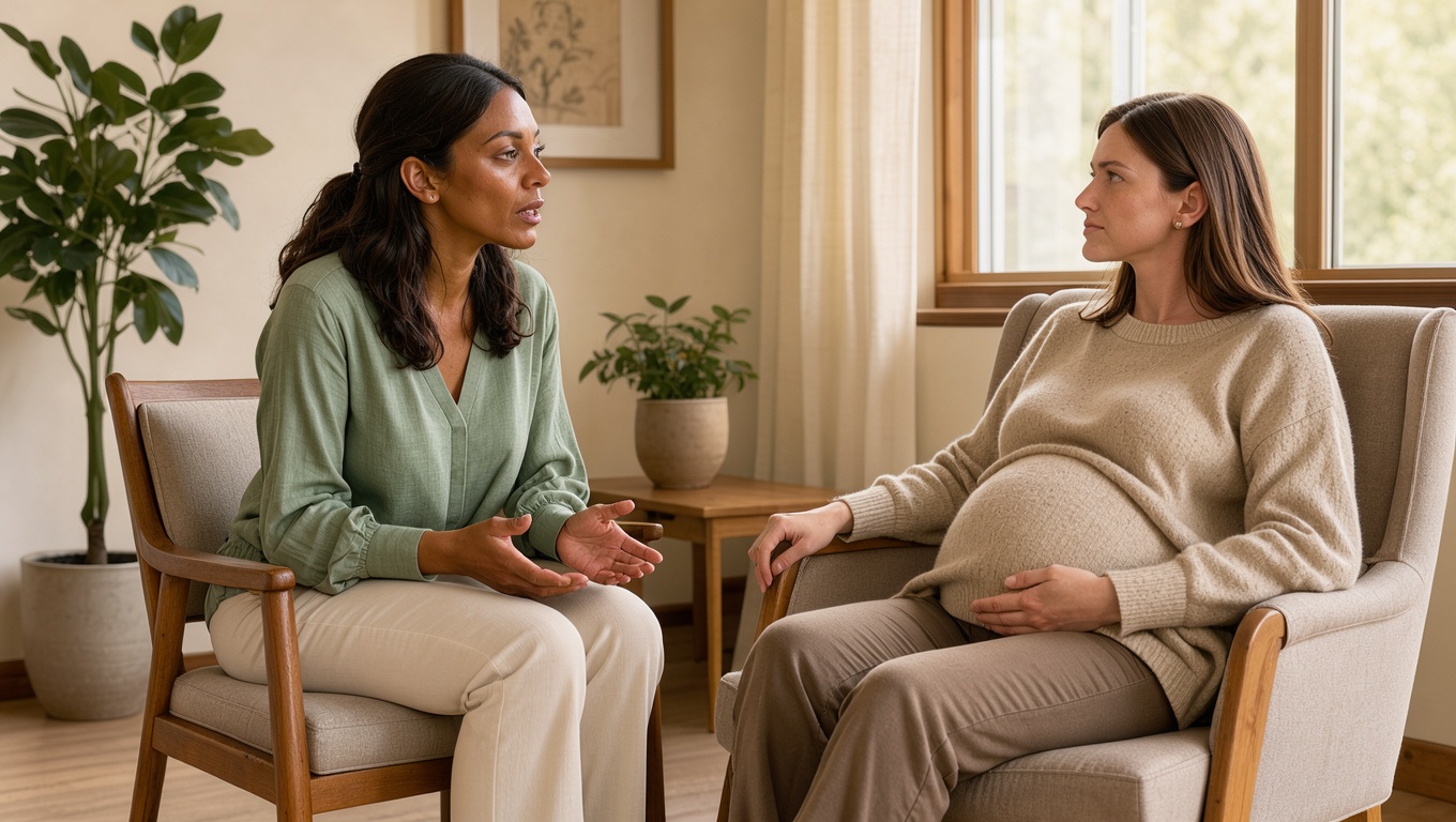 Une professionnelle du bien-être échange calmement avec une femme enceinte dans un cabinet lumineux et apaisant.