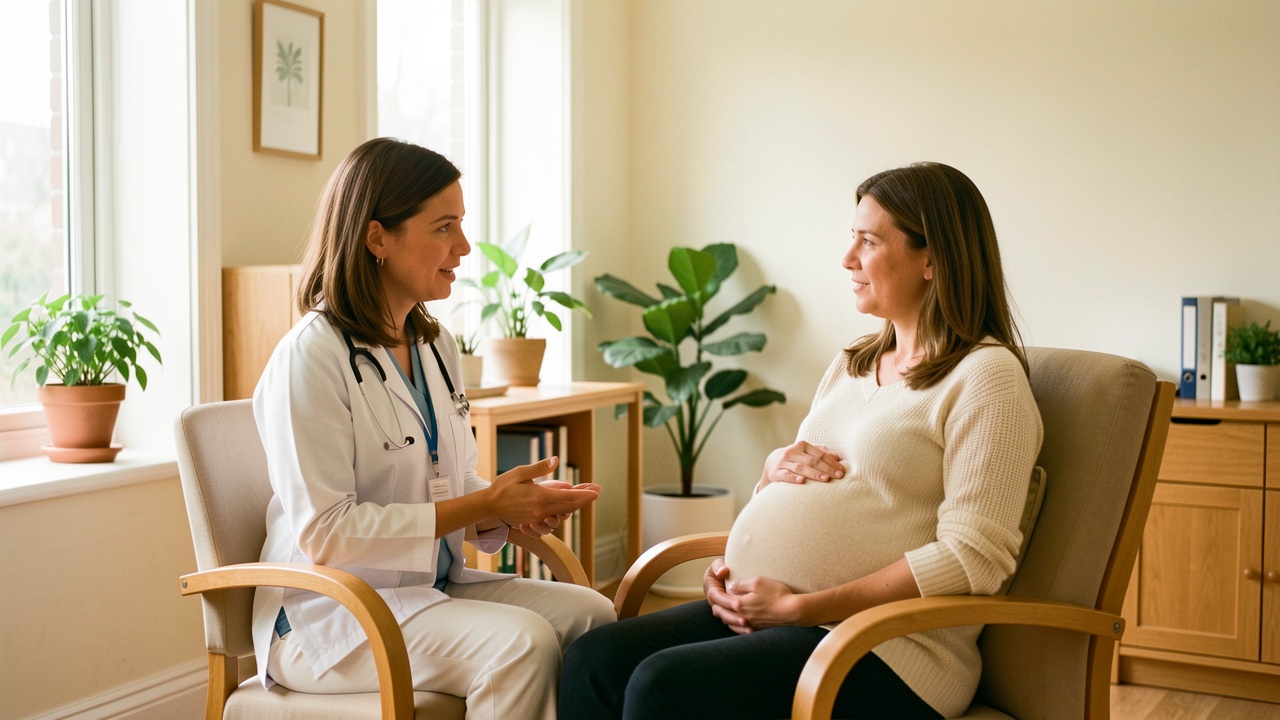 Une professionnelle de santé échange calmement avec une femme enceinte dans un cabinet lumineux et apaisant.
