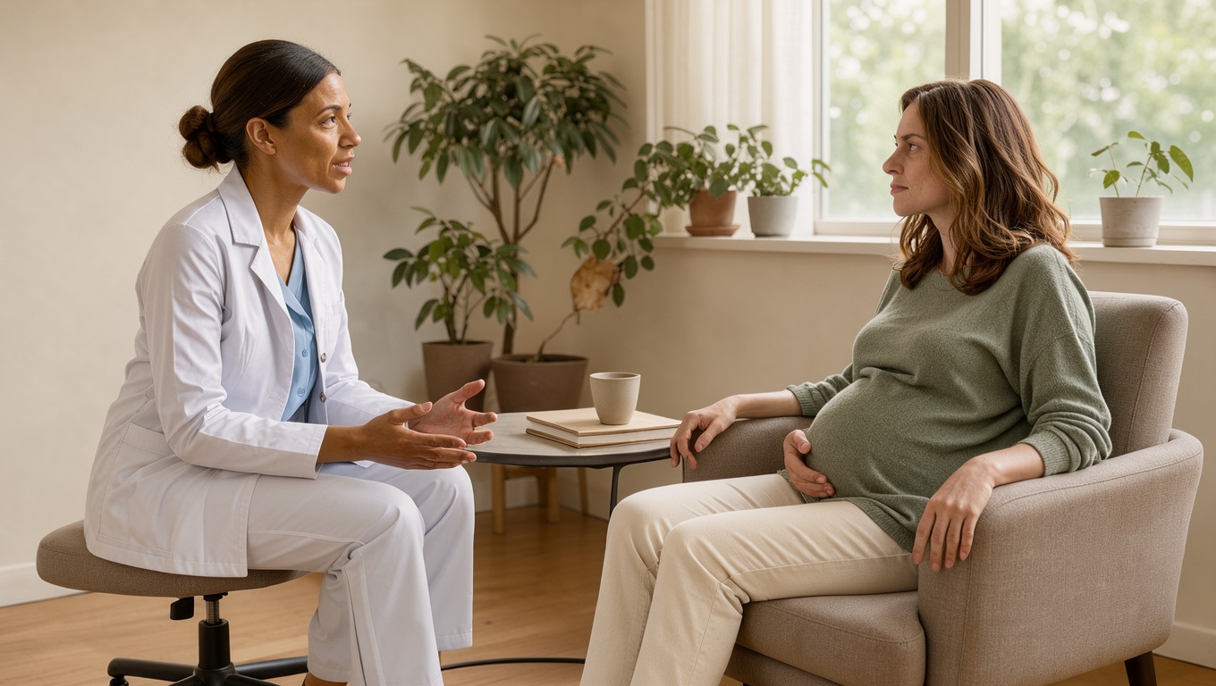 Une professionnelle de santé échange avec une femme enceinte dans un cabinet lumineux, calme et accueillant.